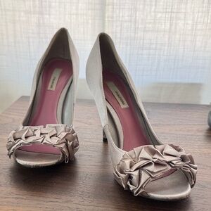 Maurices Blush Satin Open-Toe Heels with Rosette Accent
